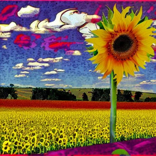 Prompt: A field of apples and sunflowers pop art dada surrealism style