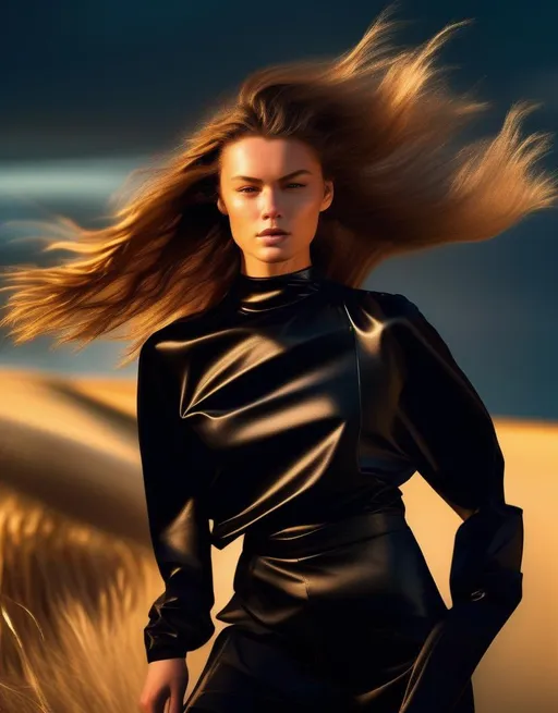 Prompt: A strikingly beautiful young model poses in the golden hour light wearing stylish black clothing, turning to look intensely into the camera. Wind blows her hair back for natural movement. Allure, fierce confidence, high fashion editorial. 