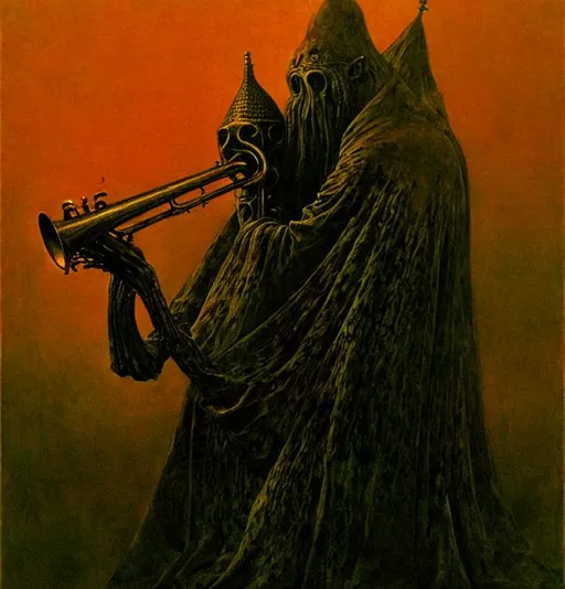 Prompt: A knight who has been corrupted by an Eldrich god, playing a trumpet, an ultrafine detailed painting by zdzislaw beksinski, cgsociety, neo - figurative, cosmic horror, lovecraftian, nightmare