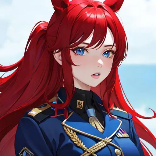Prompt: Haley as a horse girl with bright red hair pulled back, wearing a blue police officer uniform, UHD, highly detailed