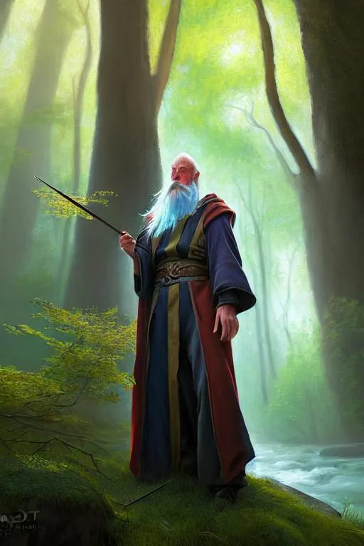 Prompt: A realistic painting of a peaceful   wizard in the woods, natural light, concept art by shaddy safadi 