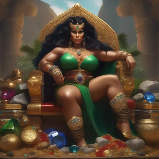 Prompt: A Large muscular {{{Barbarian}}} ogre woman with {{{tusks}}} and {{{black sclera}}}, glaring at the viewer, raising an eyebrow. lounging upon a large mound consisting of various treasures, gems, emeralds, diamonds, rubies, sapphires, onyx, and gold coins. with her back resting against an elephant skeleton.