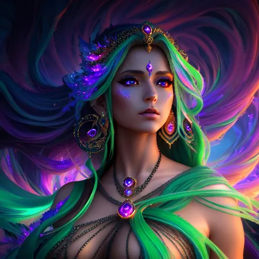 Prompt: Serene, Magical, Fantasy, Epic cinematic, Vivid, 3D HD Beautiful [{one}{Goddess}Female liquid smoke, Beautiful big reflective eyes, long flowing hair, beautiful hands]::2, expansive molten background, hot, freeform colorful chaos, hyper realistic, 8K --s98500
