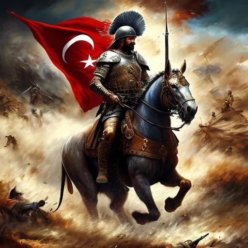 Prompt: Turkish soldier warrior riding horse in battle againts lions, flag, desert, send, smoke,cinematic,famous painting, painting, epic, realistic quality