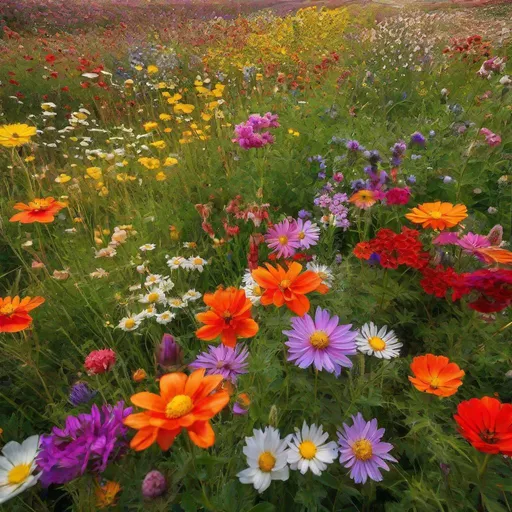 Prompt: flower field, wild, lots of different types of flowers