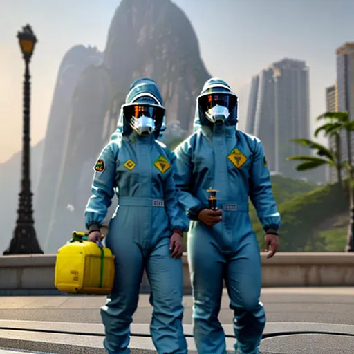 Prompt: hazmat suits walking in Rio de Janeiro, mist, masterpiece painting with detailed face, full body 4k, trending on artstation, octane render, art by artgerm and greg rutkowski and alphonse mucha and craig mullins and James Jean and Andrei Riabovitchev and Marc Simonetti and peter mohrbacher

