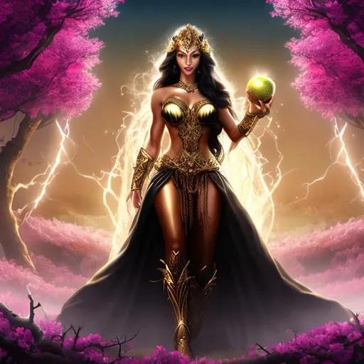 Prompt: HD 4k 3D 8k professional modeling photo hyper realistic beautiful evil demon woman ethereal greek goddess of strife
straight white hair hazel eyes gorgeous face fair skin beautiful dark gown holding a golden apple full body surrounded by magical glowing light hd landscape background standing under a large tree 