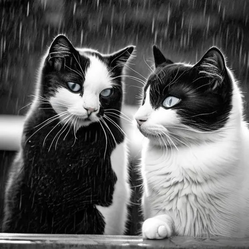Prompt: black and white cats looking at the rain