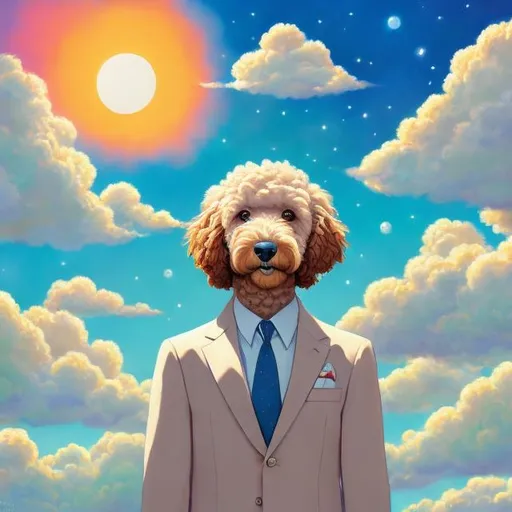 Prompt: A painting of a cute goldendoodle wearing
a suit, natural light, in the sky, with bright
colors, by Studio Ghibli