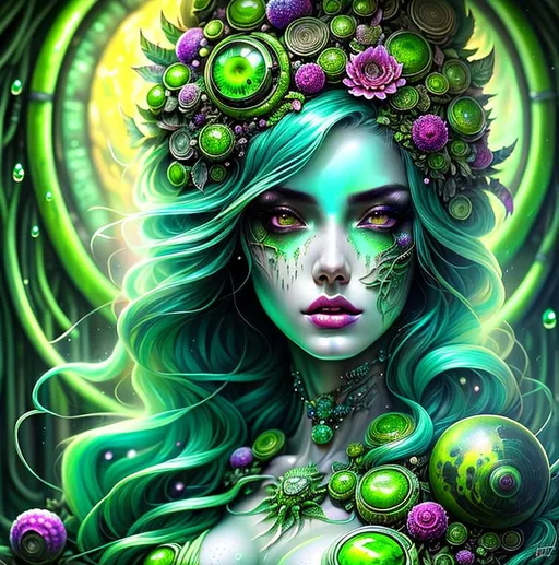 Prompt: Beautiful Poison goddess covered in uranium with detailed green features in a vat of acid with illuminating drops, biohazard; by anna dittmann, floradriel, digital painting, extreme detail, 120k, ultra hd, hyper detailed, toxic, wlop, digital painting, bright green body, covered in Ivy dress, anime character, background digital painting, digital illustration, extreme detail, digital art, ultra hd, vintage photography, beautiful, aesthetic, style, hd photography, hyperrealism, extreme long shot, telephoto lens, motion blur, wide angle lens, sweet,