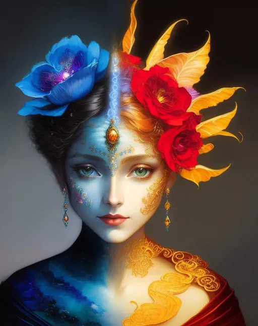 Prompt: Night and Day. Intricate details art by Josephine wall, taras loboda, Anna Dittmann, catrin Welz-Stein, van Gogh, tom Bagshaw, Esao Andrews. Best quality. Beautifully lit. 