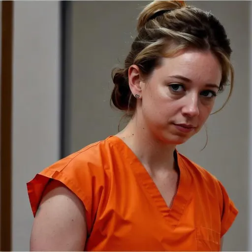 Prompt: elizabeth holmes in prison wearing orange scrubs prison uniform