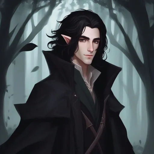 Prompt: dnd a cute male half-elf warlock with long messy black hair wearing a long black coat in the dark forest cute