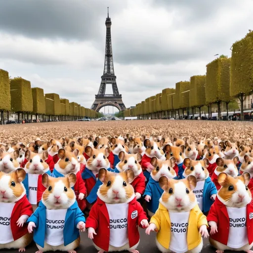 Prompt: Create a picture of demonstration of hundreds of hamsters wearing human clothing in Paris and Eiffel Tower is in background. Demonstrators have banners that on them the slogan of “Free Durov” in French language can be seen.