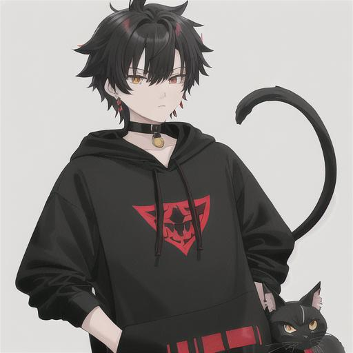 A little black and red haired cat boy wearing a blac... | OpenArt