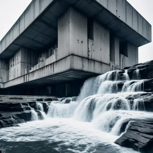 Prompt: a building on the edge of a waterfall, brutalist architecture