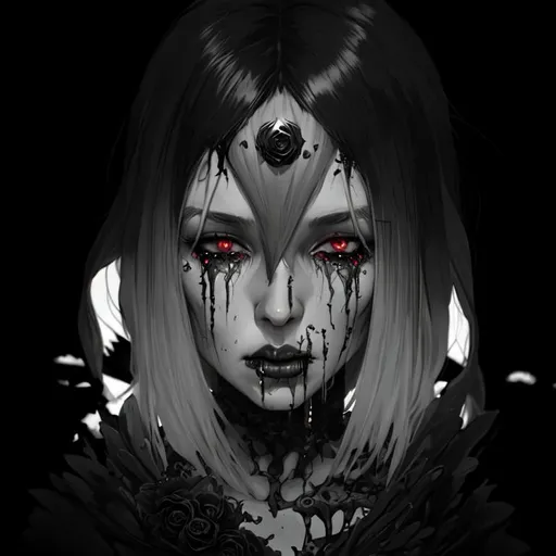 Prompt: goddess of death and decay, crying black tears, grey hair, illustration, artstation, dynamic soft lighting, high-res, 4k, stylistic, anime