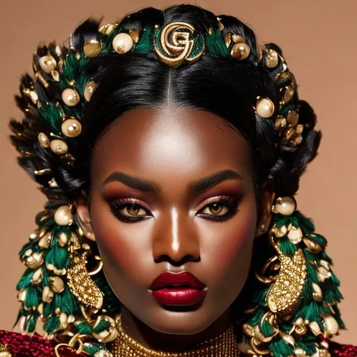 Prompt: dark skin woman in Gucci outfit. Symmetrical face and eyes, daring eyes. 