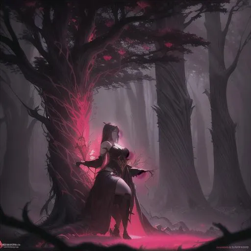 Prompt: Vines growing from a Druids heart through her body into a dead tree brining it back to life, a masterpiece, dark fantasy concept art, dynamic lighting, hyperdetailed, intricately detailed, Splash screen art, deep color, Unreal Engine, volumetric lighting, Alphonse Mucha, Jordan Grimmer, Red and Black complementary colours