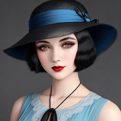 Prompt: a pretty girl  dressed in blue,  dark black hair, flapper, wearing a hat 1920's era, bob hair cut, 1920's era makeup, facial closeup