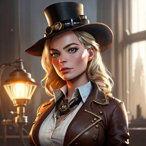 Prompt: Professional painting of a beautiful steampunk Margot Robbie as a researcher, wearing a brown lab coat by Jeremy Mann, Rutkowski, and other Artstation illustrators, intricate details, face, full body portrait, headshot, illustration, UHD, 4K, high resolution face, detailed face, high definition eyes, detailed eyes, long flowing dark brown hair, cityscape, black desert online, velia, 8k, hypermaximalist, elegant, ornate, hyper realistic, anime, dramatic, digital painting, artstation, smooth