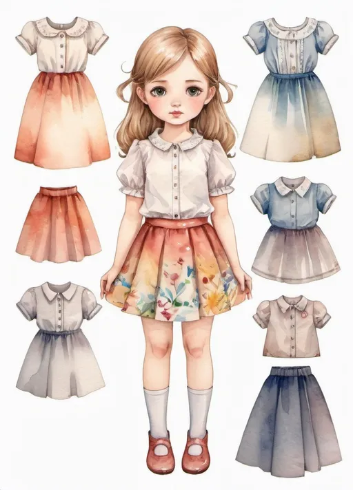 Prompt: young girl, children's clothing, skirt, blouse, a lot of details, high quality, fool body, standing straight, arms to the sides, paper doll, watercolor,