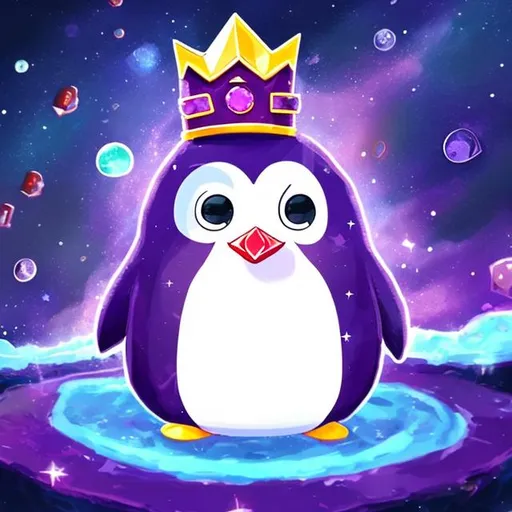 Prompt: A cartoon ruby  penguin with a purple crown in outer space. Penguin has big cute sapphire eyes.