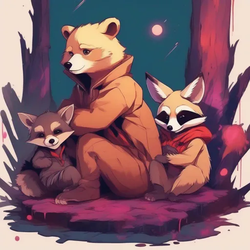 Prompt: anime style, cute, a bear cub with a fennec fox and a raccoon all sat together, vibrant trippy background, zoomed out, aesthetic scars, bloody, hallucinations, power, high definition, professional brush strokes 
