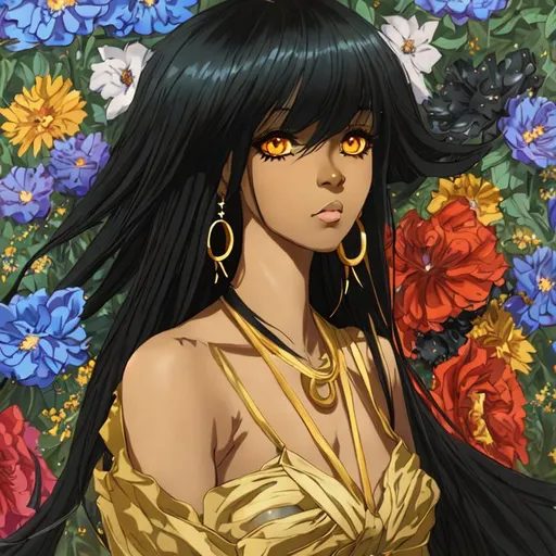 Prompt: a black skin anime girl renaissance woman with cold colors, long black hair, long gold earrings, black glitter big eyes and dark blue dress, in the streets full of big flowers, looking into the distance, portrait view. old anime version