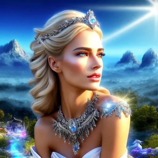 Prompt: HD 4k 3D 8k professional modeling photo hyper realistic beautiful women ethereal greek goddess of messages
silver hair blue eyes gorgeous face tan skin shining armor shimmering jewelry and tiara winged feet full body surrounded by magical glowing light hd landscape background sky clouds wind mountains birds
