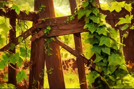 Prompt: highly detailed, wooden gate with a rusty hasp, ivy, art, concept art, 