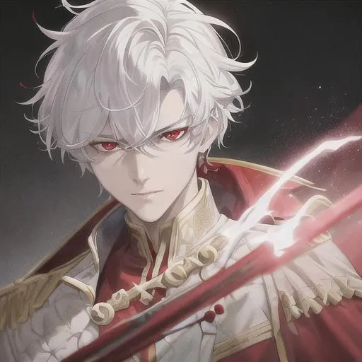 Prompt: "A close-up photo of a handsome prince with messy short hair, white hair, glowing red eyes, wearing a red robe, in hyperrealistic detail, with a slight hint of disgust in his eyes. His face is the center of attention, with a sense of allure and mystery that draws the viewer in, but his eyes are also slightly downcast, as if a sense of disgust is lingering in his thoughts. The detailing of his face is stunning, with every pore, freckle, and line rendered in vivid detail, but the image also captures the subtle emotions of disgust that might lie beneath his surface."