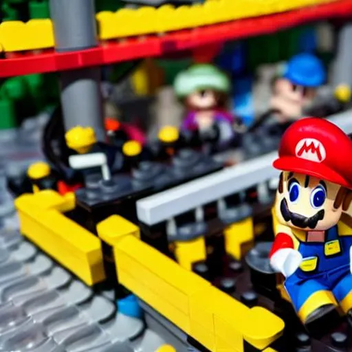 Prompt: a photo of realistic plumber mario in a roller coaster, lego mini figures