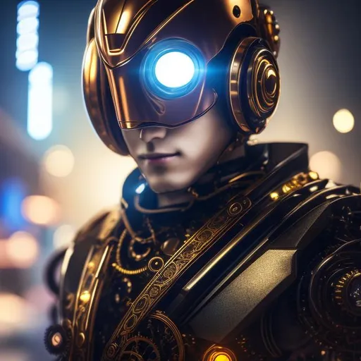 Prompt: Please produce a photograph of a steampunk robotic handsome japanese male android, with fantasy colors, flashy lights, in a dark background, high quality, trending art, trending on artstation, sharp focus, studio photo, intricate details, highly detailed, UHD, HDR, 8K, ((Masterpiece))