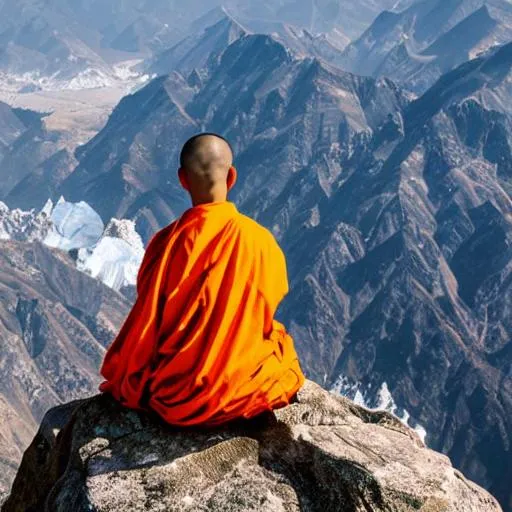 Prompt: Photo of a shaolin monk meditation on top of the Himalayas, detailed and clear face and body details 