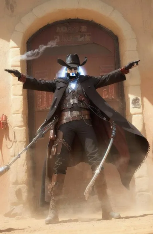 Prompt: Cyber Cowboy with 4 Arms, fiery red Poncho, Dressed in black duster and Stetson Cowboy Hat, with Red eyes, Haunting Presence, Intricately Detailed, Hyperdetailed, Desert Wild West Landscape, Dusty Midnight Lighting, Wild West Feel