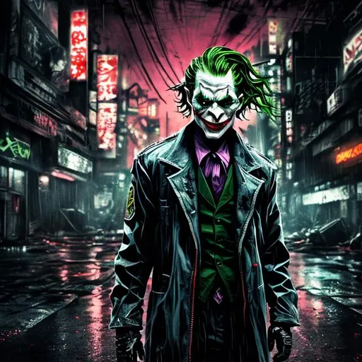 Prompt: Black and neon green New style joker reimagined as trained murderer wearing Military jacket. Less colour. Slow exposure. Detailed. Dirty. Dark and gritty. Post-apocalyptic Neo Tokyo. Futuristic. Shadows. Sinister. Armed. Fanatic. Intense. Heavy rain. Explosion. Burning car in background