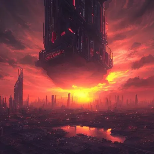 Prompt: dystopian futuristic city abandoned beautiful sunset