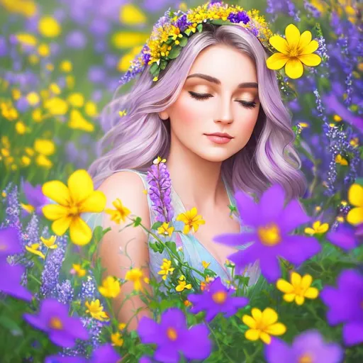 Prompt:  a fairy goddess, yellow and purple flowers, ethereal beauty, soft light,surrounded by wildflowers, closeup