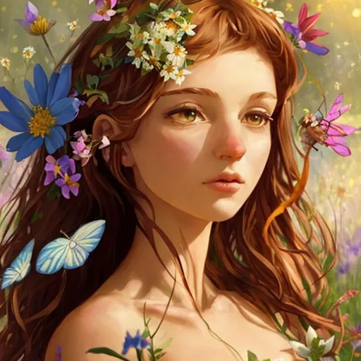 Prompt: a fairy goddess surrounded with wildflowers