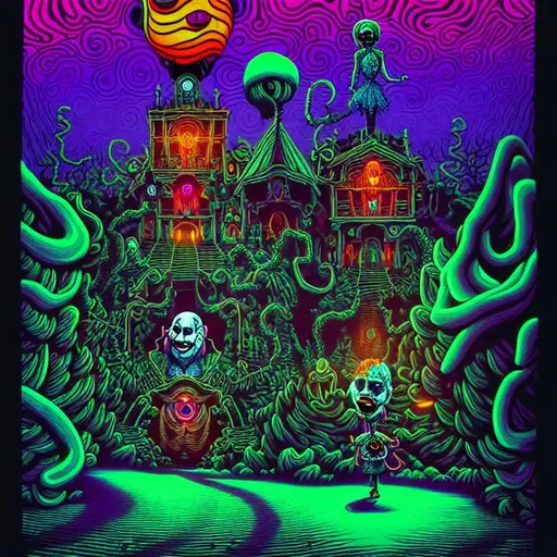 Prompt: Hypnotic illustration of {scary clowns}, hypnotic psychedelic art by Dan Mumford, pop surrealism, dark glow neon paint, mystical, Behance, intricate, detailed, professional, intense, cinematic, scenic, picturesque, fine detail, 3d