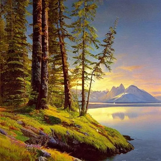 Prompt: Cartoon,  Alaska Landscape in style of Peder Mork Monsted