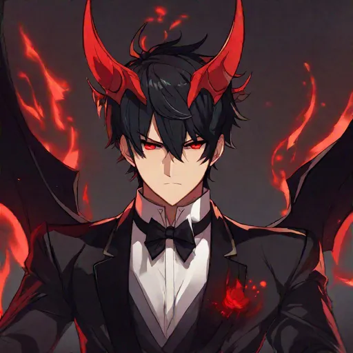 Prompt: Damien  (male, short black hair, red eyes) demon form, wearing a tuxedo, fighting, wearing a crown, angry look on his face
