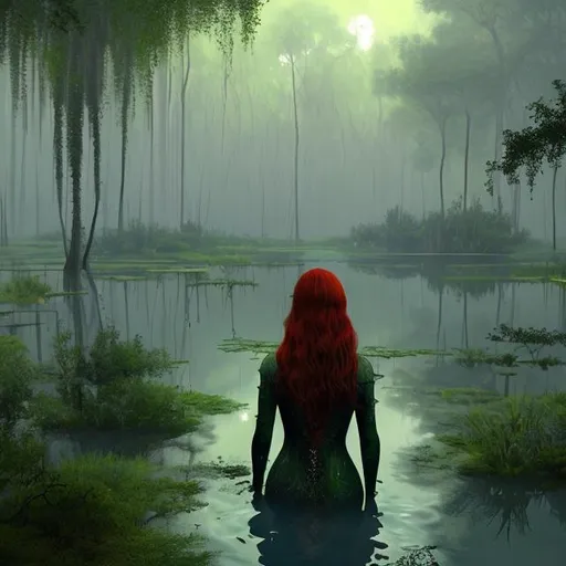 Prompt: Lady of the lake with red hair. hiperrealist and ultradetailed hd.
Main color are green and blue.
She is in the middle of the swamp and the environmet is composed by trees and shadows. Myst on the background.
She does not look at the camera and she is watched from the back