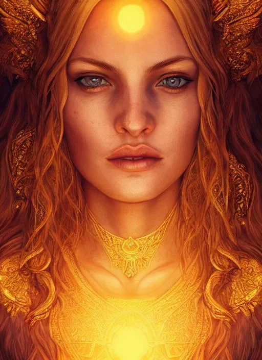 Prompt: Portrait of  a goddess of light with golden hair and yellow eyes {during sunset}, perfect composition, hyperrealistic, super detailed, 8k, high quality, trending art, trending on artstation, sharp focus, studio photo, intricate details, highly detailed