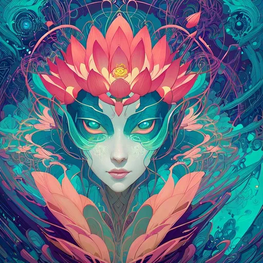 Prompt: prompt! dream symmetry!! stunning portrait of a futuristic lotus!! by victo ngai, kilian eng vibrant colours, dynamic lighting, digital art, winning award masterpiece, fantastically beautiful, illustration, aesthetically inspired by beksinski and dan mumford, mike cole trending on artstation, art by android jones 8 k 
