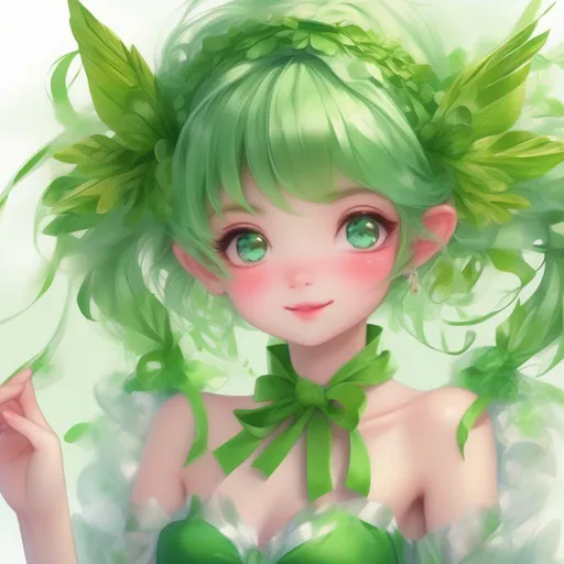 Prompt: fairy Wearing a grass-green Ribbon Headband, clothes made out of ribbons, vivid colors, best quality, masterpiece