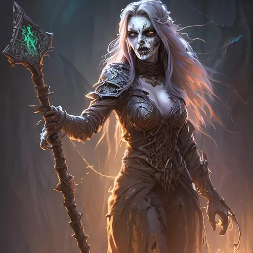 Prompt: Full body splash art of a female undead zombie sorceress, very long light brown hair, wearing long light-colored iridescent robe, carrying a wooden staff, D&D, fantasy, highly detailed, sharp focus, digital painting, artstation, concept art, 4k, 8k