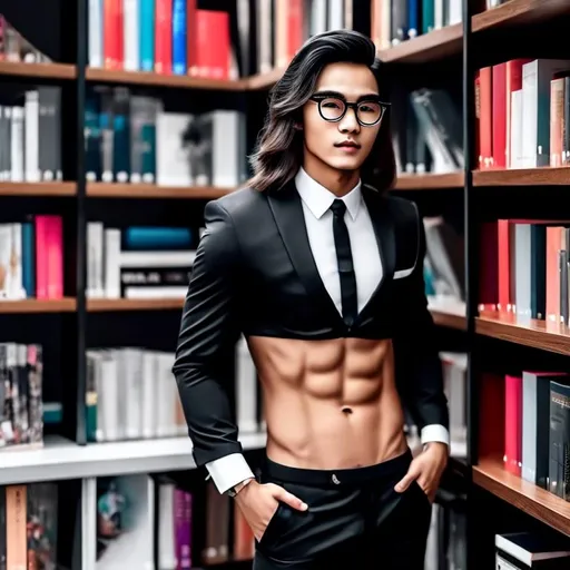 Prompt: an attractive long-haired 20-years old man with glasses and a six pack abs wearing a crop top black suit and tie black suit pants, he is at the library looking for books 