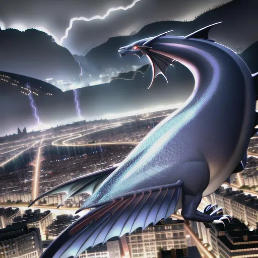 Prompt: Wyvern floating in the air, the character has deep blue scales detailed, Dark red eyes detailed, full body, good quality, realistic, medieval city in ruin in the background, lightning striking medieval city in the background, mountains in background behind city, good quality, super realistic